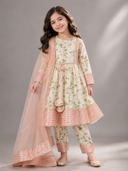 The Little Tales - Off White Floral Printed Anarkali with Pant & Dupatta