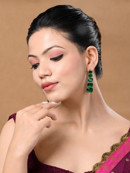 Designbox - Green Silver Tone Geometric Drop Earrings