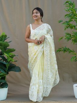 Odette - Yellow Embroidered Organza Silk Saree with Unstitched Blouse