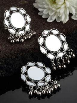 PANASH - Oxidized Silver-Plated Mirror Work Drop Earrings with Ring (Set of 2)