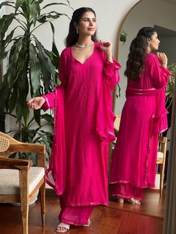Label Aishwaryrika - Verona Pink Mirror Work Chikankari Kurta (Set of 3)
