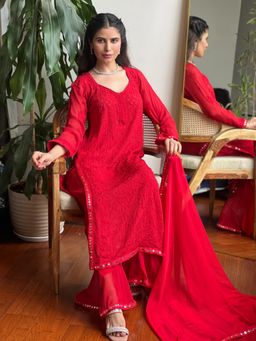 Label Aishwaryrika - Mahogany Red Mirror Work Chikankari Kurta (Set of 3)