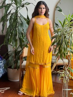 Label Aishwaryrika - Sicilian Yellow Mirror Work Chikankari Kurta (Set of 3)