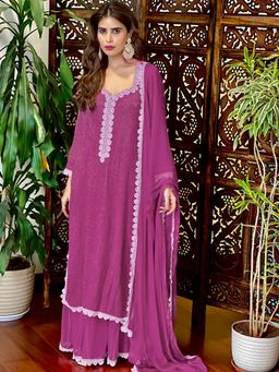 Label Aishwaryrika - Mauve Bliss Lilac Lace Chikankari Kurta (Set of 3)