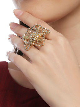 Lilly & Sparkle - Gold Toned Crystal Studded Floral Cocktail Ring
