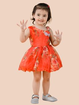 Titrit - Forest Night Floral Printed Fit and Flare One Shoulder Dress - Orange