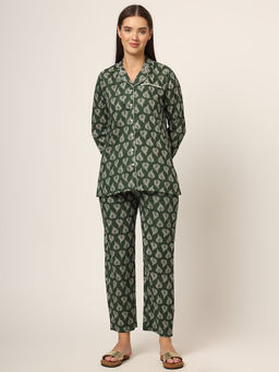 Divena - Green Leaf Print Cotton Regular Fit Shirt and Pyjama (Set of 2)