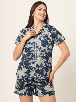 Divena - Navy Blue Floral Print Pure Cotton Shirt and Shorts (Set of 2)