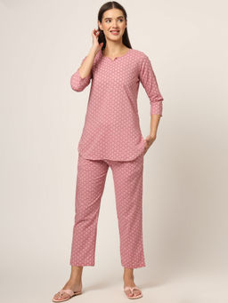 Divena - Pink Floral Print Cotton Regular Fit Top and Pyjama (Set of 2)