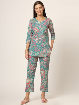 Divena - Green Floral Print Cotton Regular Fit Top and Pyjama (Set of 2)