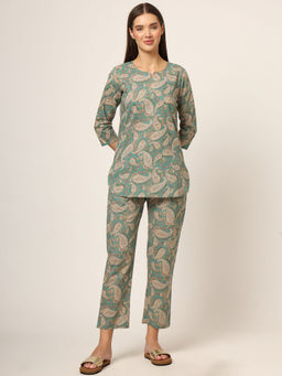 Divena - Green Paisley Print Cotton Regular Fit Top and Pyjama (Set of 2)