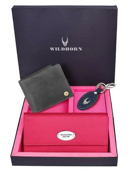 WILDHORN - Premium Leather Ladies Wallet, Mens Wallet and Keychain Gift -1K_RO_2052GRH_K (Set of 3)