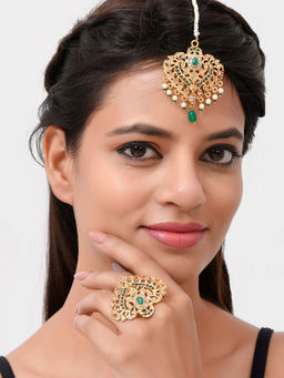 Silvermerc Designs - Combo of Gold Plated Meenkari Maangtikka and Ring (Set of 2)