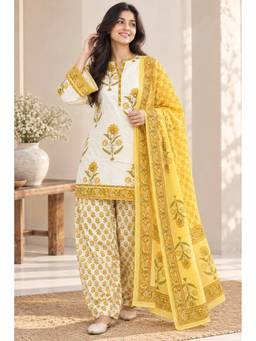 JAIMINI - Ivory Women Cotton Printed Straight Kurti With Salwar And Dupatta