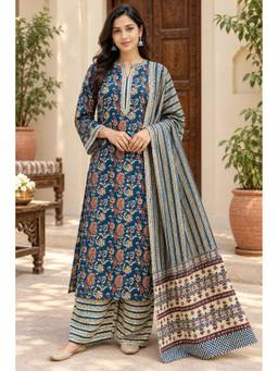 JAIMINI - Navy Blue Women Cotton Printed Calf Length A-Line Kurta With Palazzo And Dupatta