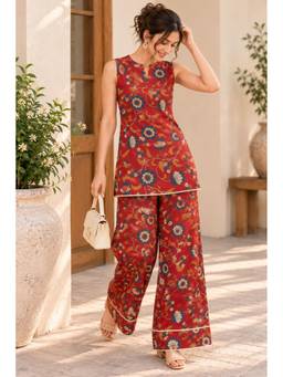 JAIMINI - Red Women Cotton Printed Hip Length Straight Co-Ord Set