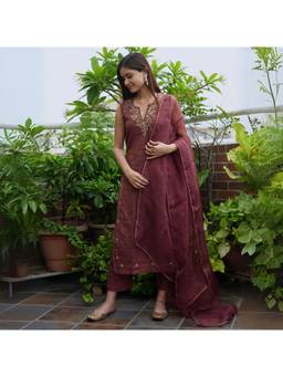 Spring Soul - Wine Tissue Chanderi Kurta With Pant And Dupatta