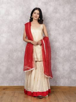 Spring Soul - Off White Tissue Chanderi Gota Work Kurti With Sharara And Dupatta