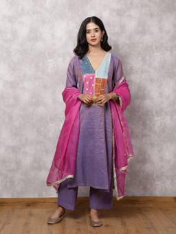 Spring Soul - Purple Tissue Chanderi Patchwork Yoke Kurta With Pant And Dupatta