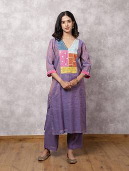 Spring Soul - Purple Tissue Chanderi Patchwork Yoke Kurta With Pant