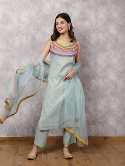 Spring Soul - Aqua Tissue Chanderi Colo block Yoke Kurta With Pant And Dupatta