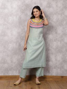 Spring Soul - Aqua Tissue Chanderi Colo block Yoke Kurta With Pant