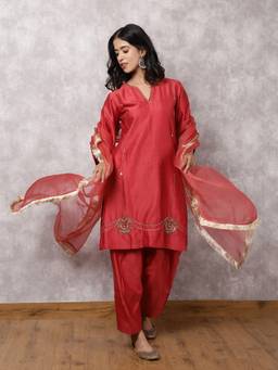 Spring Soul - Red Hand Embroidered Kurta With Salwar And Dupatta