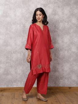 Spring Soul - Red Hand Embroidered Kurta With Salwar