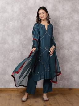 Spring Soul - Teal Blue Hand Embroidered Kurta With Pant And Dupatta