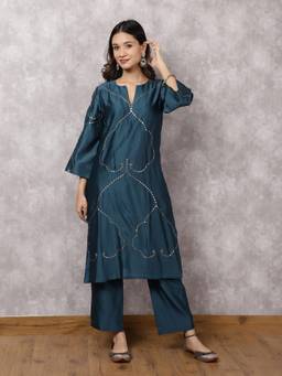 Spring Soul - Teal Blue Hand Embroidered Kurta With Pant