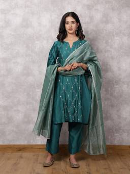 Spring Soul - Teal Green Hand Embroidered Kurta With Pant And Dupatta