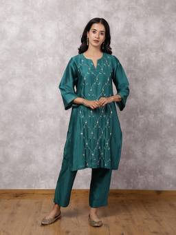 Spring Soul - Teal Green Hand Embroidered Kurta With Pant