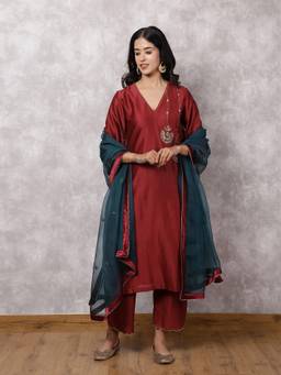 Spring Soul - Maroon Chand Bali Silk Chanderi Kurta With Pant And Dupatta