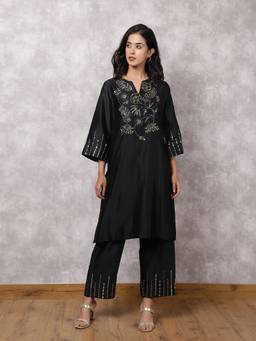Spring Soul - Black Silk Chanderi Hand Embroidered Kurta With Pant