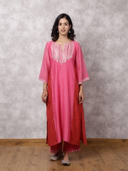 Spring Soul - Pink Chanderi Colo block A-Line Kurta With Pant