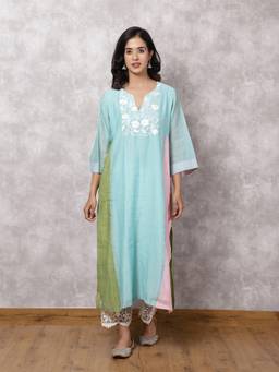 Spring Soul - Aqua Chanderi Colo block A-Line Kurta With Pant