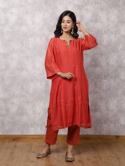 Spring Soul - Red Chanderi Sequin Highlight Kurta With Pant