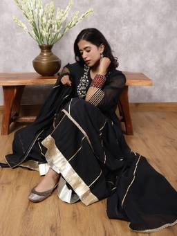 Spring Soul - Black Mul Chanderi Hand Embroidered Kurta With Sharara And Dupatta