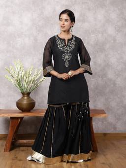Spring Soul - Black Mul Chanderi Hand Embroidered Kurta With Sharara