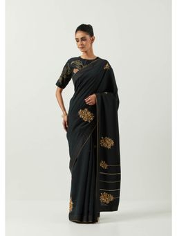 Label Earthen - Surma Black Saree with Hand Embroidery & Raw Silk with Stitched Blouse