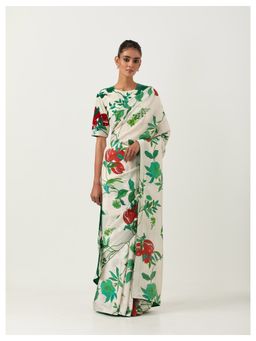 Label Earthen - Ramri Ivory & Green Printed Saree with Embroidered with Stitched Blouse