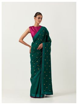 Label Earthen - Hazzarbuti Bottle Green Chiniya Silk Embroidered Saree with Stitched Blouse