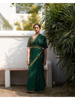 Label Earthen - Rani Panna Raw Silk Embroidered Saree with Stitched Blouse