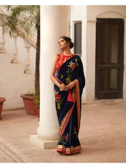 Label Earthen - Syahi Makhmal Printed Blue Velvet Saree & with Zardozi with Stitched Blouse