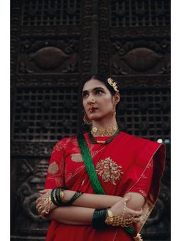 Label Earthen - Sundari Red Colour Chinniya Silk Saree with Zardozi Work with Stitched Blouse