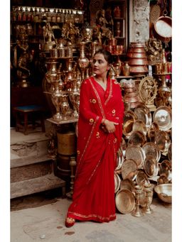 Label Earthen - Laal Champa Kali Sequin Embroidered Saree with Stitched Blouse