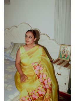 Label Earthen - Champai Gulab Yellow Floral Printed Woven Saree with Stitched Blouse