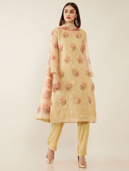 Soch - Beige Embroidery Organza Unstitched Dress Material - 3 Meter Kurta Fabric