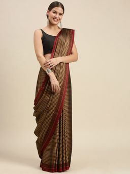 Sangam Prints - Beige & Maroon Crepe Printed Traditional Saree with Unstitched Blouse