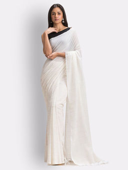 Angoshobha - White Handloom Traditional Molmol Cotton Saree with Unstitched Blouse